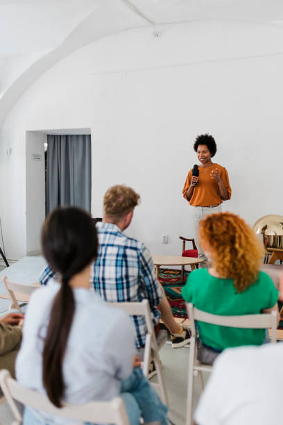 istock Group of diverse business people on panel discussion 1431931703