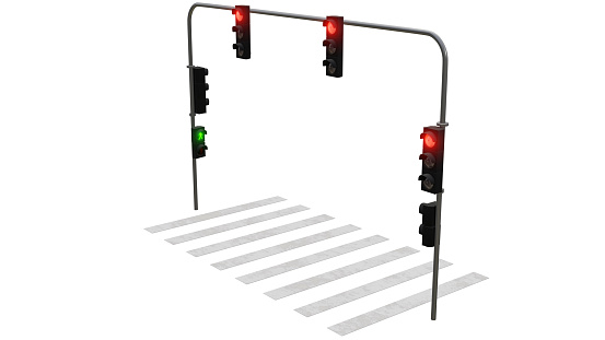Red Traffic lights and crosswalk. Perspective view on a white background with clipping path. 8K
