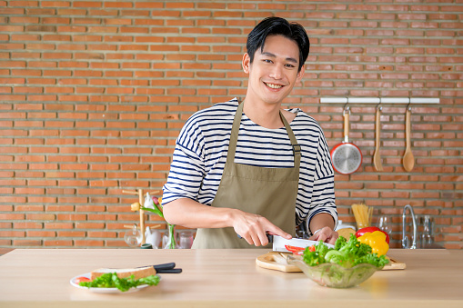 A Young smiling asian man wearing an apron in the kitchen room, cooking concept