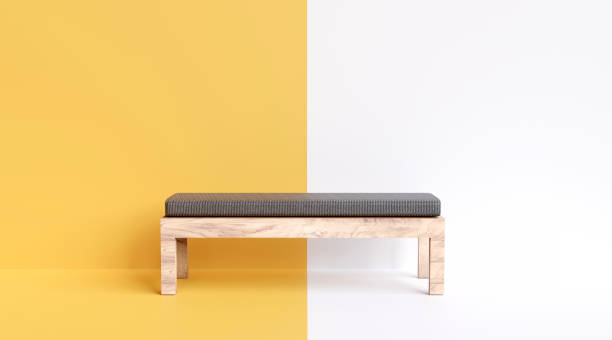 Bench, wooden sofa on separate yellow and white background with copy space.