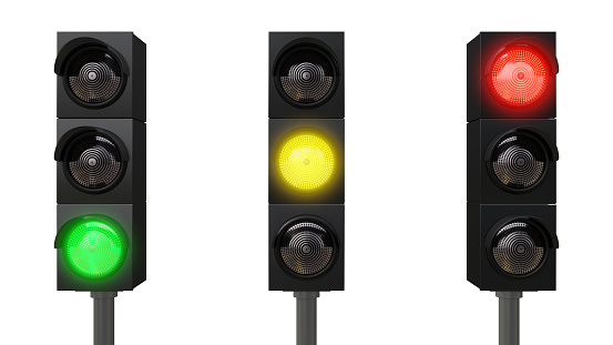 Traffic Lights Red Green and Yellow, Front view on a white background with clipping path. 8K