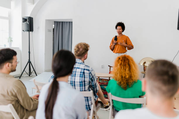 istock Group of diverse business people on panel discussion 1431935002
