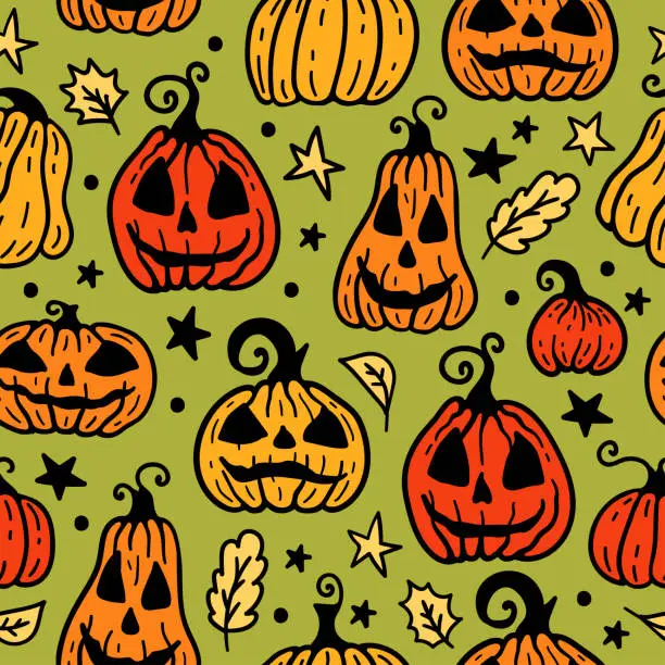 Vector illustration of Seamless pattern of cute cartoon orange Halloween pumpkin on green background.