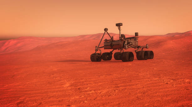 istock Scientific exploratory vehicle on the surface of a Mars like red sand planet. 3D rendering. 1431939502