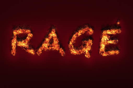 Burning anger: RAGE in letters of flame.