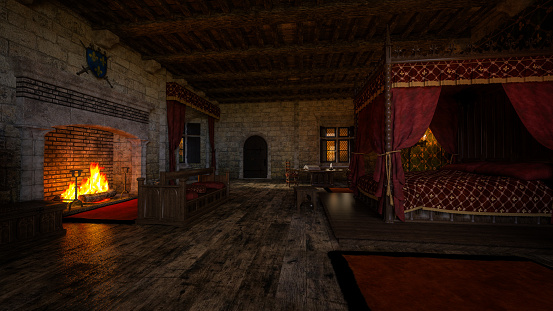 Medieval castle bedroom with four poster bed and open fireplace and burning fire. 3D illustration.