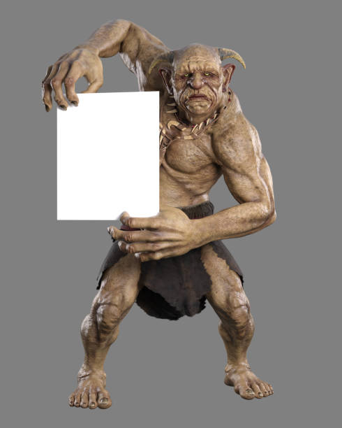 Fantasy troll creature holding a blank white sign. 3D rendering mock up isolated on grey background.