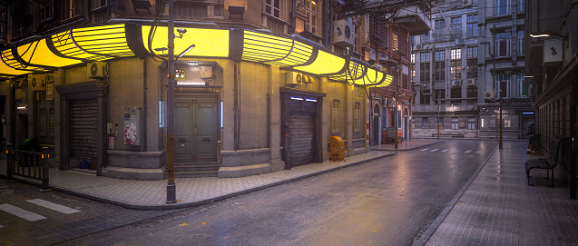 Panoramic 3D rendering of dark moody downtown city street with yellow neon lights.