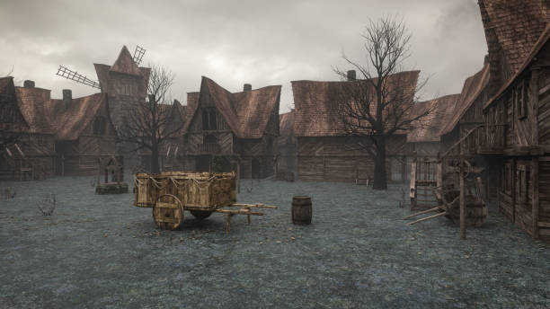 istock Dark moody medieval town with wooden carts and buildings. 3D rendering. 1431939621