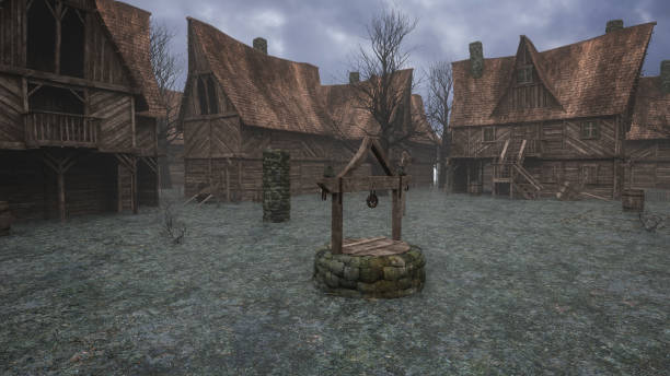 istock Dark foreboding empty medieval village with wooden buildings, old carts and well. 3D illustration. 1431939664