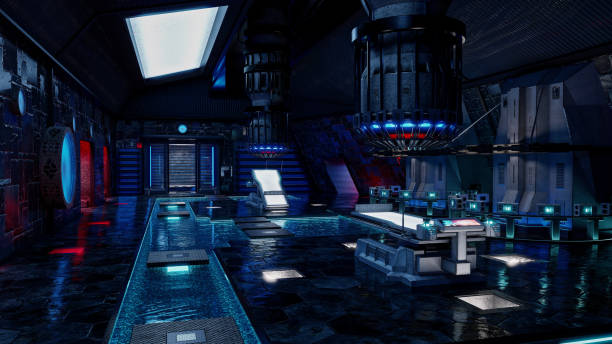 istock Dark atmospheric futuristic science fiction alien technology lab room in a space ship or station. 3D rendering. 1431939668