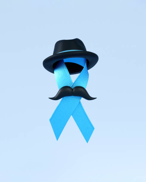 青い11月と前立腺がん啓発月間のソーシャルメディアの投稿またはポスターデザインのために青い背景に隔離された帽子、口ひげ、コピースペース付きの青いリボン - movember ストックフォトと画像