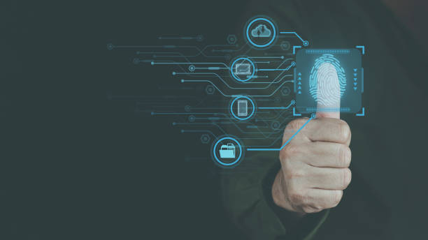 istock cyber security concept, man's hand scanning finger to go online to access information both accessing the system document storage Banking including online shopping This method is highly secure. 1431941640