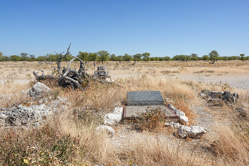 Gravesite with visible names referring to victims of the Dorsland Trek (Thirstland Trek) which was an exploration by Boer settlers from South Africa between 1874-1881. The grave is located in Etosha National Park.