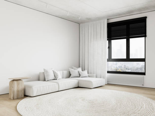 istock White contemporary minimalist interior with sofa, round carpet and decor. 3d render illustration mockup. 1431945163