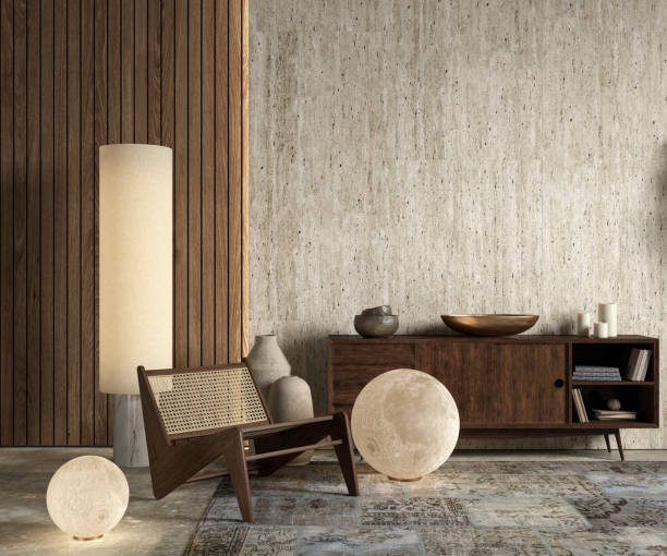 Interior with dresser, lounge chair, stone wall panel, moon lamps, backlight, plants and decor. 3d render illustration mockup.