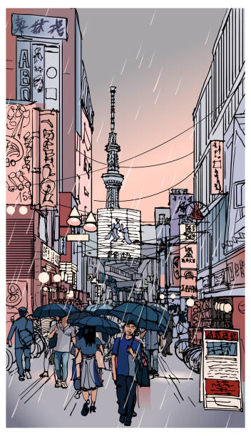 Japan, street in Tokyo under rain at dusk Japan, street in Tokyo under rain at dusk - vector illustration  (japanese caracters are fake - no meaning)  (Ideal for printing, poster or wallpaper, house decoration) tokyo streets stock illustrations