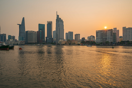 District 1 by Sai Gon river in Ho Chi Minh city in sunset, South Vietnam