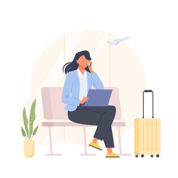 ilustrações de stock, clip art, desenhos animados e ícones de woman at the airport and working on a laptop and talking - business travel people traveling airport journey