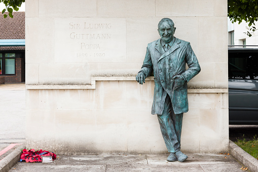 Aylesbury, UK - July 04, 2021. Bronze Statue of Professor Sir Ludwig Guttmann CBE, founder of the Stoke Mandeville Games that evolved into the Paralympic Games