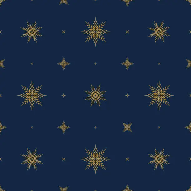 Vector illustration of Gold snowflakes. Seamless pattern with snowflakes and stars on a blue background. Christmas Pattern for gifts.