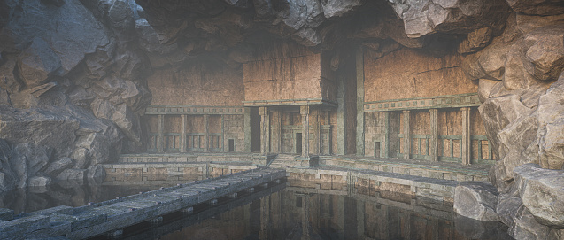 Cinematic panorama 3D rendering of ancient underground fantasy temple entrance.