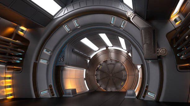 istock Futuristic science fiction space ship corridor with round doorway. 3D illustration. 1431952642