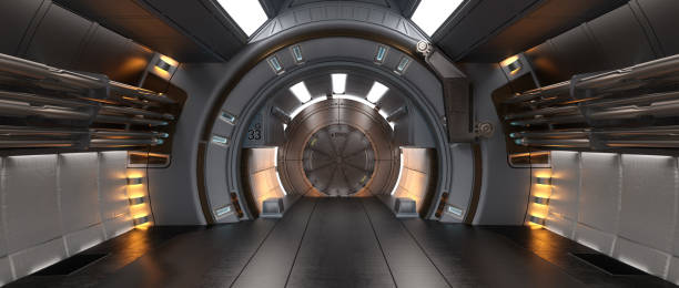 istock Cinematic widescreen 3D rendering of science fiction space ship or station corridor with round doorway. 1431952651