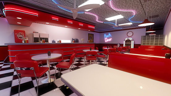 View from a booth in 1950s retro American diner with black and white checked floor and red furrniture. 3D illustrtion.