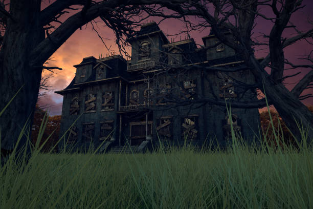 istock Creepy old derelict mansion house in evening light. Halloween concept 3D rendering. 1431953250