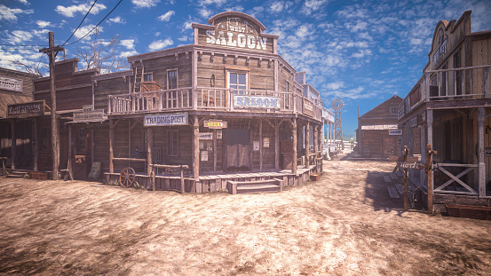 Saloon and stores in dusty old wild west frontier town.3D illustration.