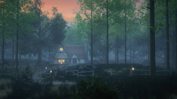 istock Witch's cottage house in a dark forest. Halloween concept 3D rendering. 1431953325