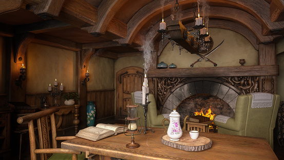 Cosy living room in a small medieval fantasy cottage style home for halflings or dwarves. 3D illustration.