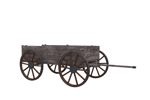 Old wild western wooden hand cart with four wheels. Isolated 3D illustration.