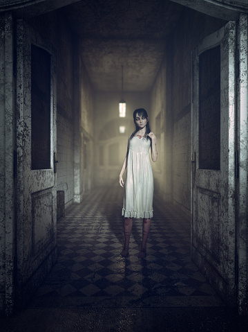 Ghost girl standing in corridor of haunted hospital or asylum wearing white dress. Horror concept 3D illustration.