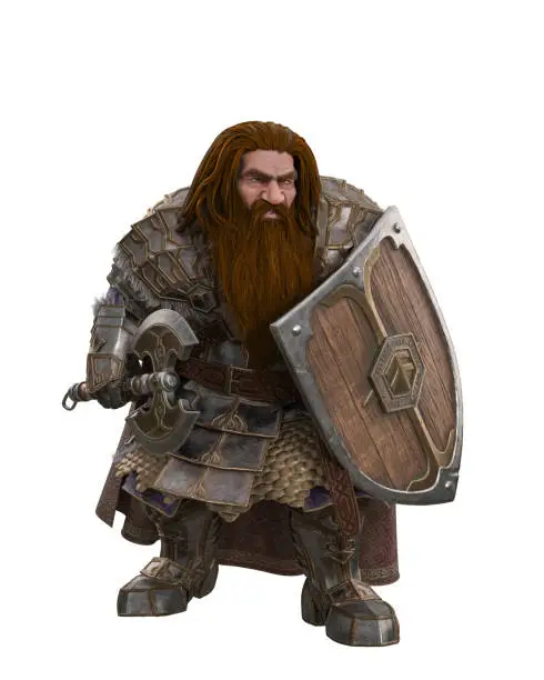 Fantasy Dwarf character with long hair and beard dressed in battle armour holding an axe and shield. 3D illustration isolated.
