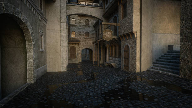 istock Cobblestone street with tavern in an old medieval town. 3D rendering. 1431953757