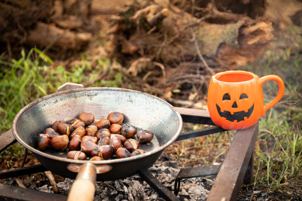 asar castañas en una sartén sobre brasas calientes al aire libre, y taza de calabaza de halloween. - chestnut roasted heat roasted chestnut fotografías e imágenes de stock