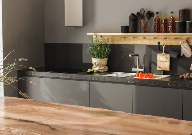 Dark grey kitchen design - detail of interior. Empty island or table countertop in modern kitchen room. 3d rendering