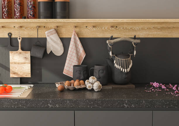 istock Dark grey kitchen design - detail of interior. Empty island or table countertop in modern kitchen room. 3d rendering 1431963793