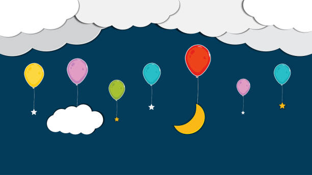 istock Colorful balloons float in the sky with moon and stars. Vector illustration 1431964583