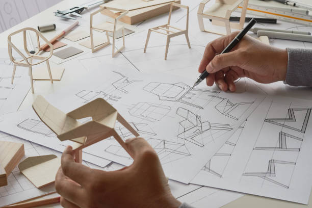 istock Designer sketching drawing design development product plan draft chair armchair Wingback Interior furniture prototype manufacturing production. designer studio concept . 1431968954