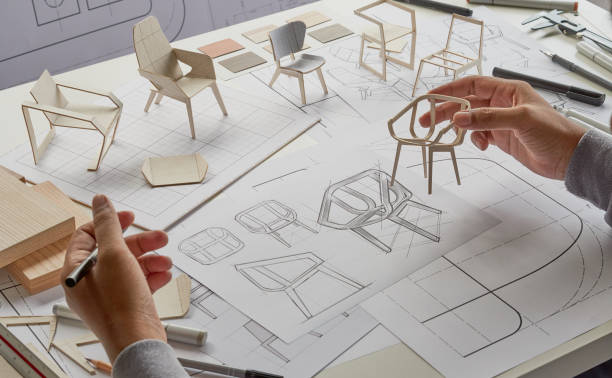 istock Designer sketching drawing design development product plan draft chair armchair Wingback Interior furniture prototype manufacturing production. designer studio concept . 1431968959