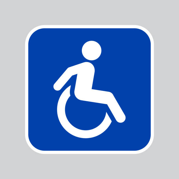 Disabled person blue vector sign Accessible for men in wheelchair sticker label disabled sign stock illustrations
