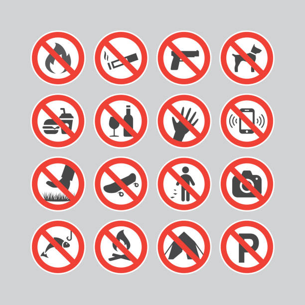 Red prohibition vector sign icon set No smoking, no pets, no camera sticker set no photographs sign stock illustrations