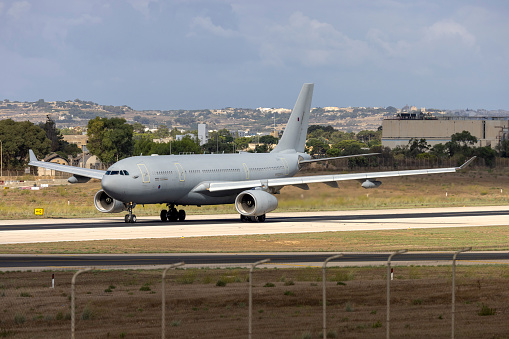 Luqa, Malta: September 25, 2022: Royal Air Force Airbus A330 Voyager KC2 (A330-243MRTT) (Reg.: ZZ343) taking off from runway 13 in the morning.