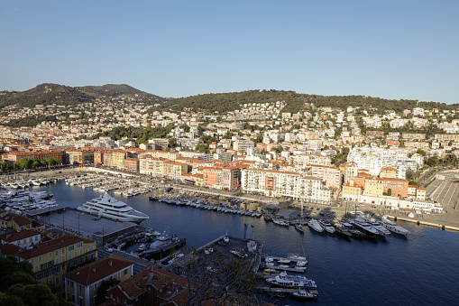 Nice, France - April 18, 2022: Overview of the sea town of Nice on the French riviera during a sunny spring day.
