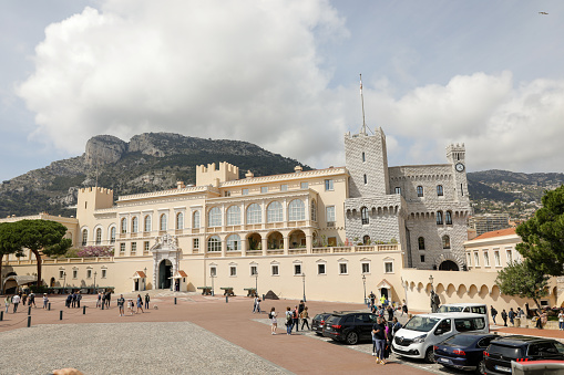 Monaco, France - April 18, 2022: Royal Palace of Monaco on the French riviera during a sunny spring day.
