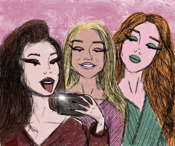 ilustrações de stock, clip art, desenhos animados e ícones de three cute attractive model girlfriends, a brunette, a blonde and a redhead, with bright makeup, take a selfie with a flash in the mirror - three people women teenage girls friendship