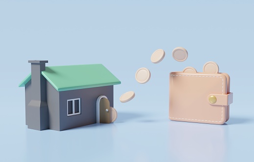 Coins transfer from house to wallet, making additional income from house rent, real estate, or property, residential investment concept, 3d render illustration.